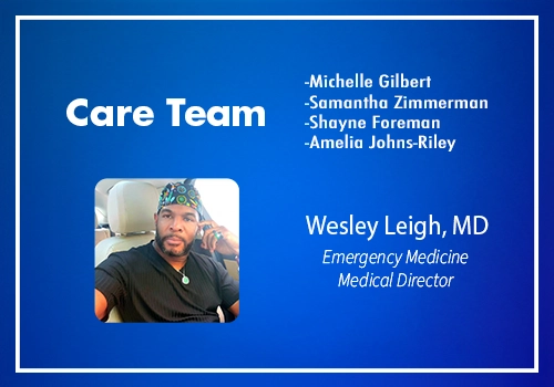 Blue image with text and a photograph of a man