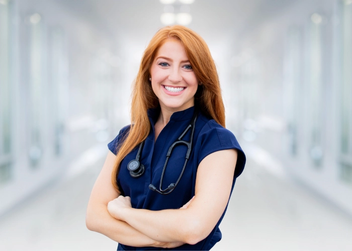 Victoria Mclemore smiling woman with red hair in blue scrubs stands confidently in a bright, modern hallway, with a stethoscope around her neck, conveying professionalism.