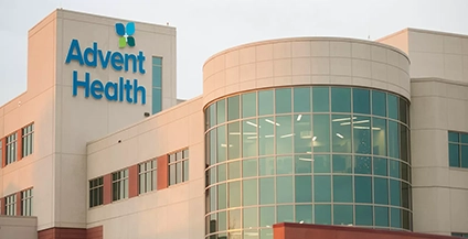 Modern hospital building with large glass windows and 