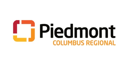 Logo for Piedmont Columbus Regional, featuring a stylized square icon in red, orange, and yellow next to the brand name in black and orange text.